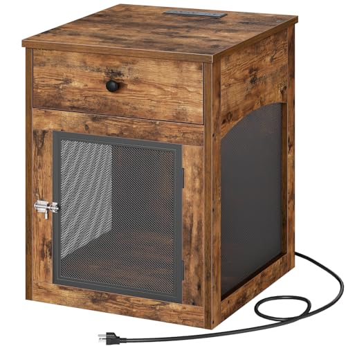 HOOBRO Dog Crate Furniture, Dog Kennel with Drawer and Charging Station, Indoor Decorative Puppy House, Wooden Pet Crate End Table for Small Dogs, Rustic Brown and Black BF58UGW03G1