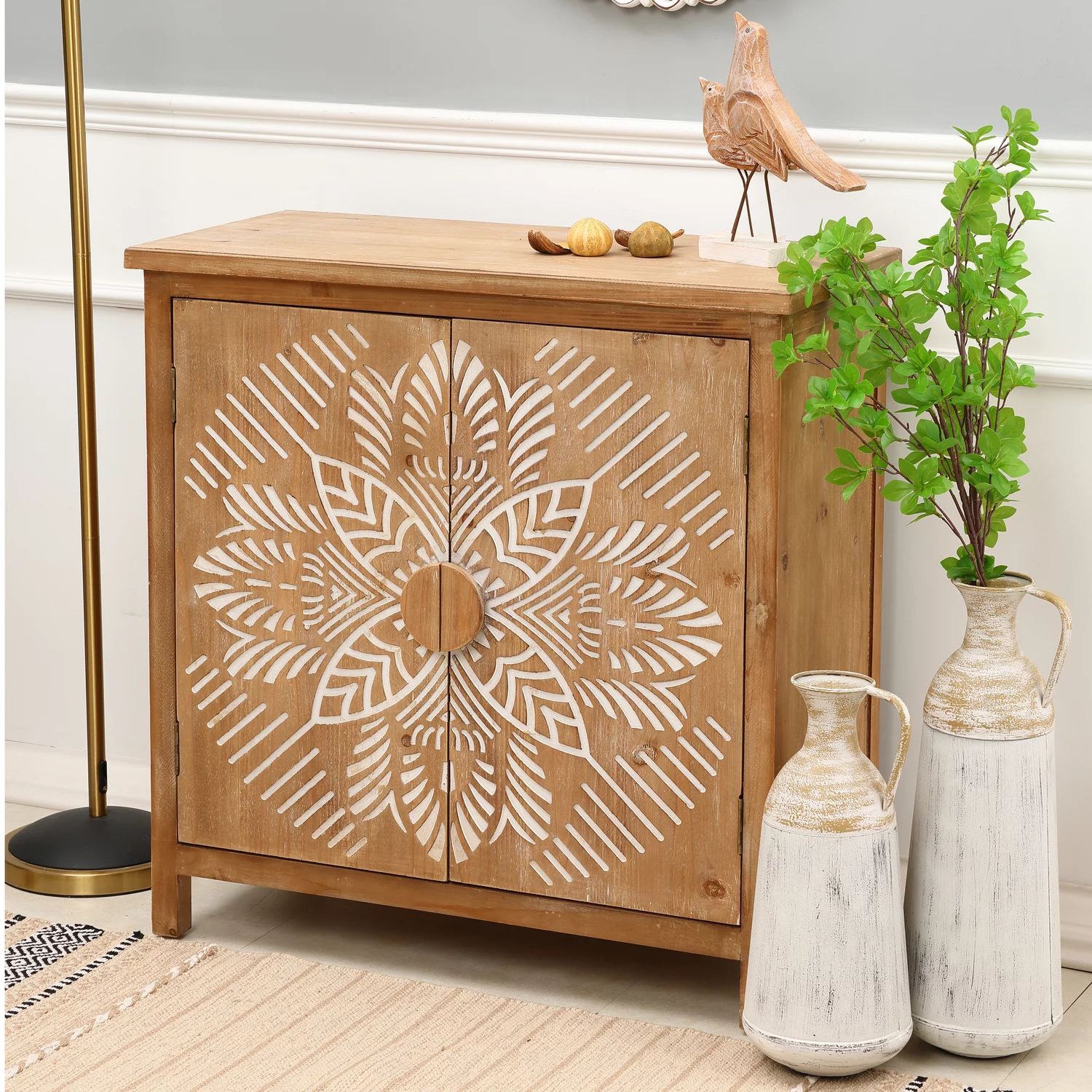 LuxenHome Natural Wood Floral 2-Door Storage Cabinet