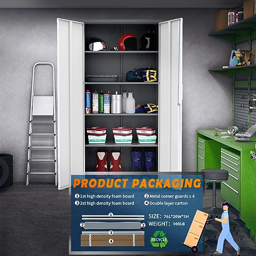 Yizosh Metal Garage Storage Cabinet with 2 Doors and 5 Adjustable Shelves - 71" Steel Lockable File Cabinet,Locking Tool Cabinets for Office,Home,Garage,Gym,School (Gray White)