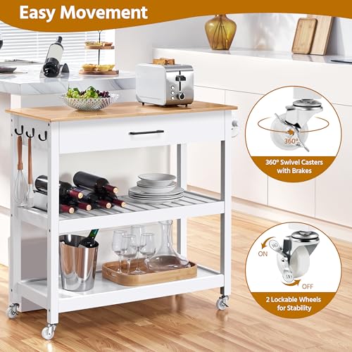 Yaheetech Kitchen Island Cart on Wheels with Bamboo Tabletop, 3-Tier Rolling Kitchen Island Microwave Cart with Drawer, Detachable Towel, 3 Hooks, 17" D x 37.5" W, White