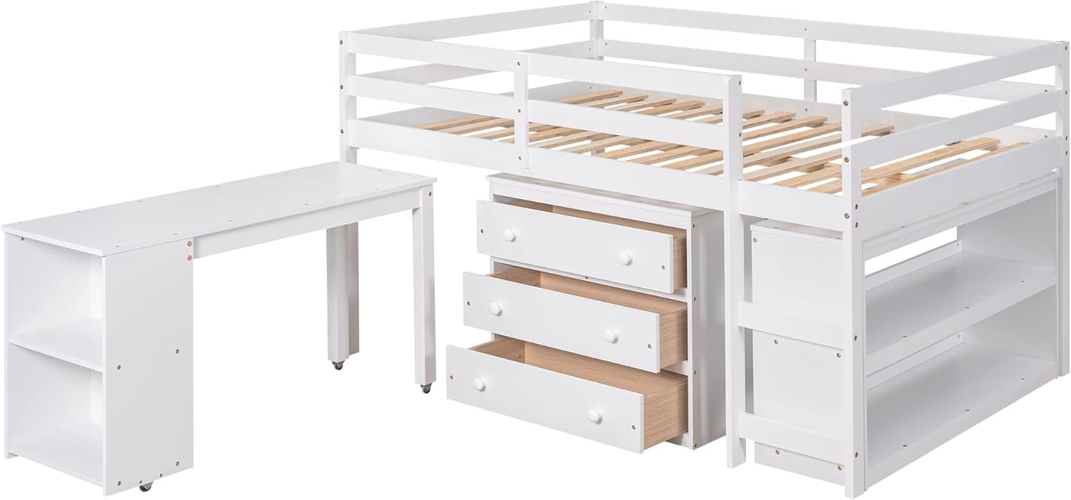 Merax Full Loft Bed, Wood Loft Bed Full Size with Desk, Low Study Full Size Loft Bed Frame with Cabinet and Shelves, Great for Kids/Teens/Boys/Girls/Adults, White
