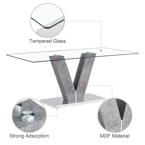 71" Glass Dining Table Set for 6 People, 7-Piece Table Set, Kitchen Table and 6 PU Leather Chairs, Dining Table Set Ideal for Living Room Office(Grey Table+White S Chairs,1 Table+6 Chairs)