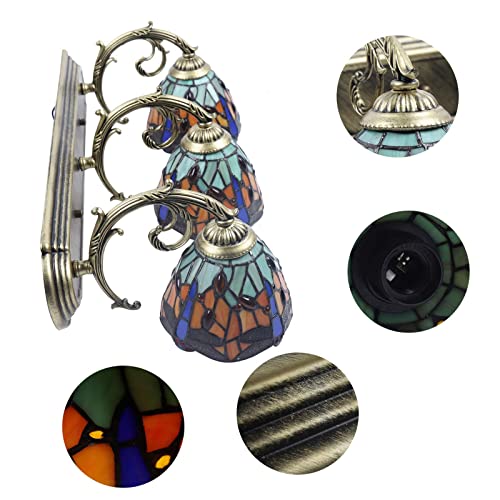 TFCFL Tiffany Victorian Wall Sconce, 3-Light Vanity Light Fixtures Stained Glass Lampshade Dragonfly Over Mirror Lamp for Bathroom Bedroom Living Room Hotel
