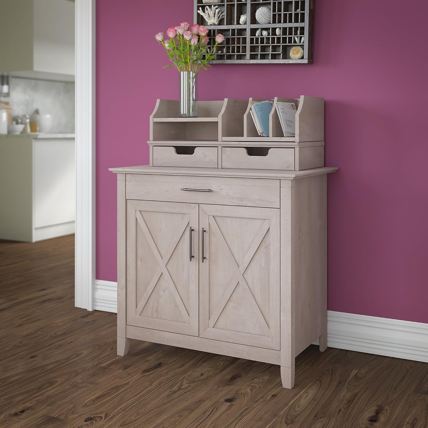 Bush Furniture Key West Secretary Desk With 5 Shelf Bookcase, Washed Gray, Secretary Desk with Desktop Organizers