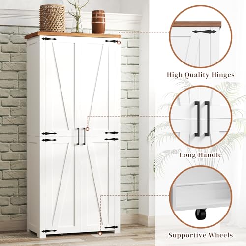 HollyHOME 72" Kitchen Pantry Cabinet, Storage Cabinet with 4 Doors and 1 Drawer, Freestanding Cupboard with Adjustable Shelves and 6 Door Shelves for Kitchen, Dining Room, Living Room, White