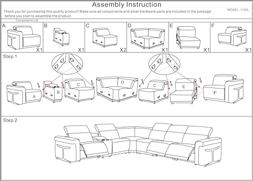 Riccardo 6-Piece Italian Leather Sectional Sofa with 3 Power Reclining Couch Seats, USB & Wireless Chargers, Headrests, Lumbar Support, Cup Holder, and Console Storage, White