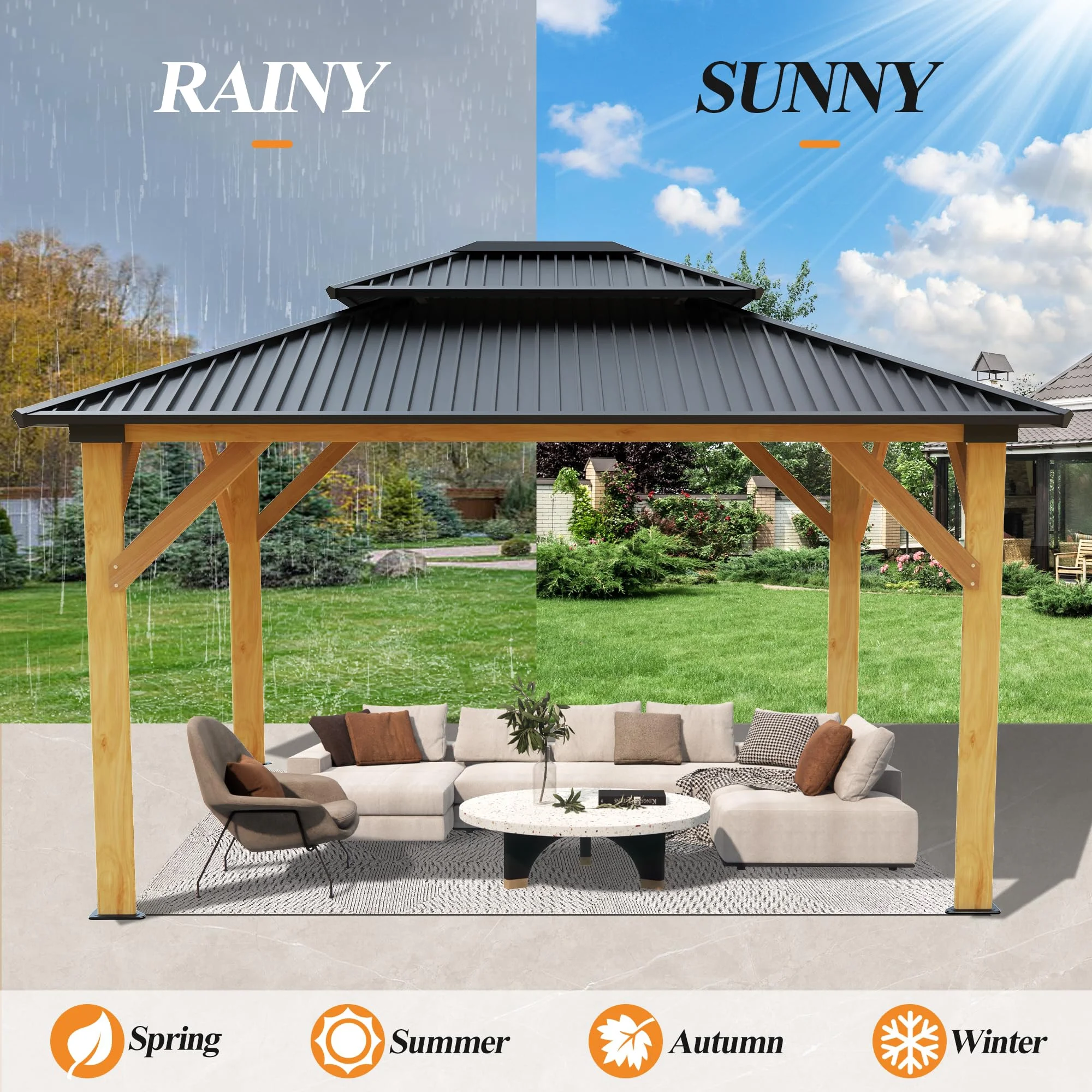 Gartooo 11’x13’ Outdoor Wooden Gazebo - Patio&nbsp;Galvanized Steel Gazebo with Double Vented Roof, Heavy-duty Cedar Wooden Gazebo for Garden, Lawn, Poolside, Backyard Deck