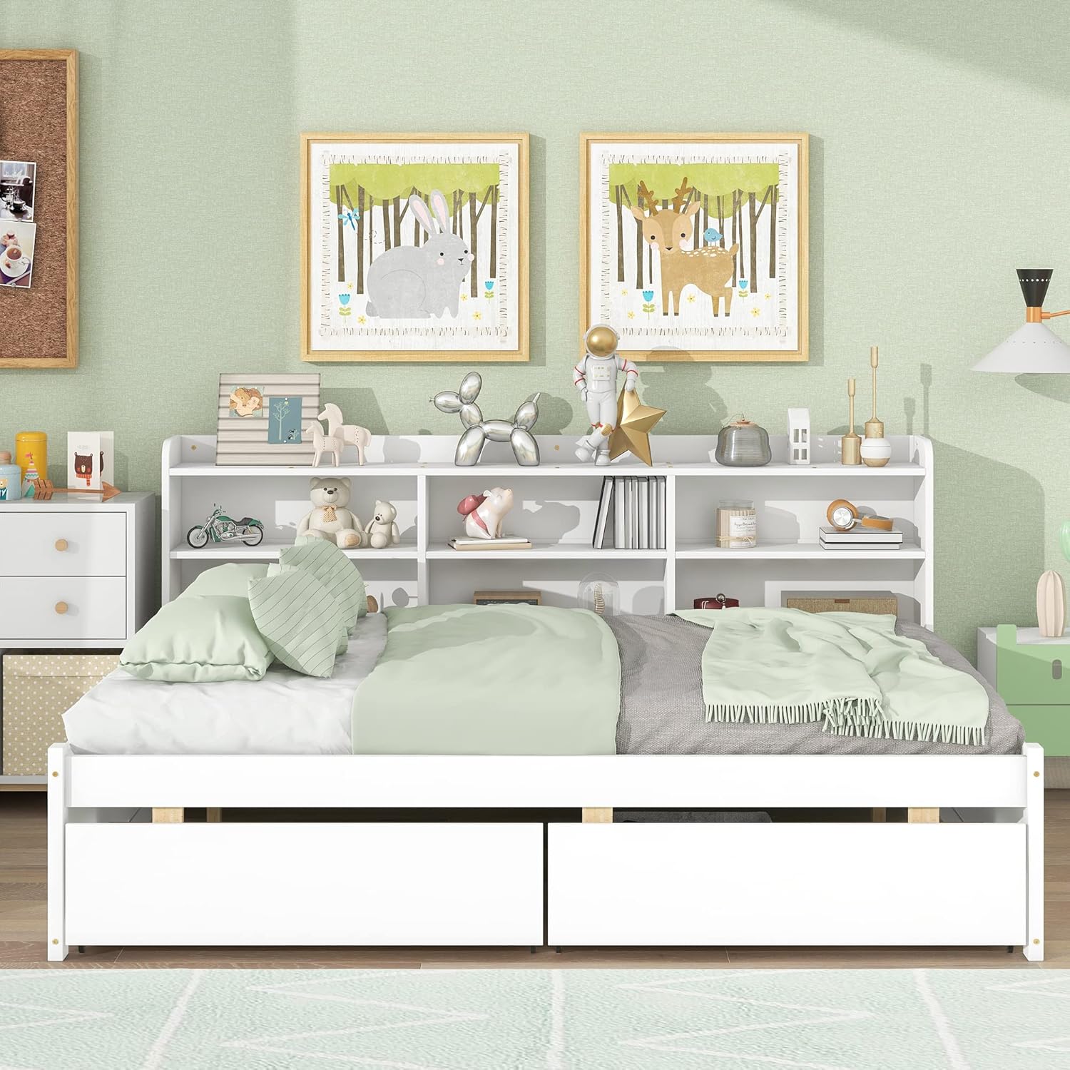 Harper & Bright Designs Full Size Daybed with Storage Bookcase and 2 Drawers, Wood Full Platform Bed with Sideboard, Full Sofa Bed Frame for Bedroom, Living Room (Full, White)