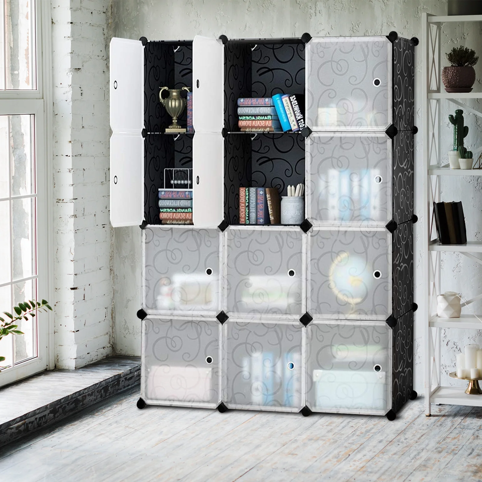 12-Cube DIY Portable Closet Cube Organizers, Plastic Bookshlef Wardrobe Cabinet Storage Organizer W/Doors, Display Storage System DIY Bookshelf Organizer Shelves Plastic Storage Cube