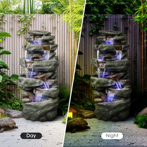 SunJet 40" High 6-Tiers Cascading Rock Outdoor Water Fountain with LED Lights - Large Outdoor Fountains and Waterfalls for Garden or Patio, Yard, and Deck Decor, Featuring Natural Stone Look