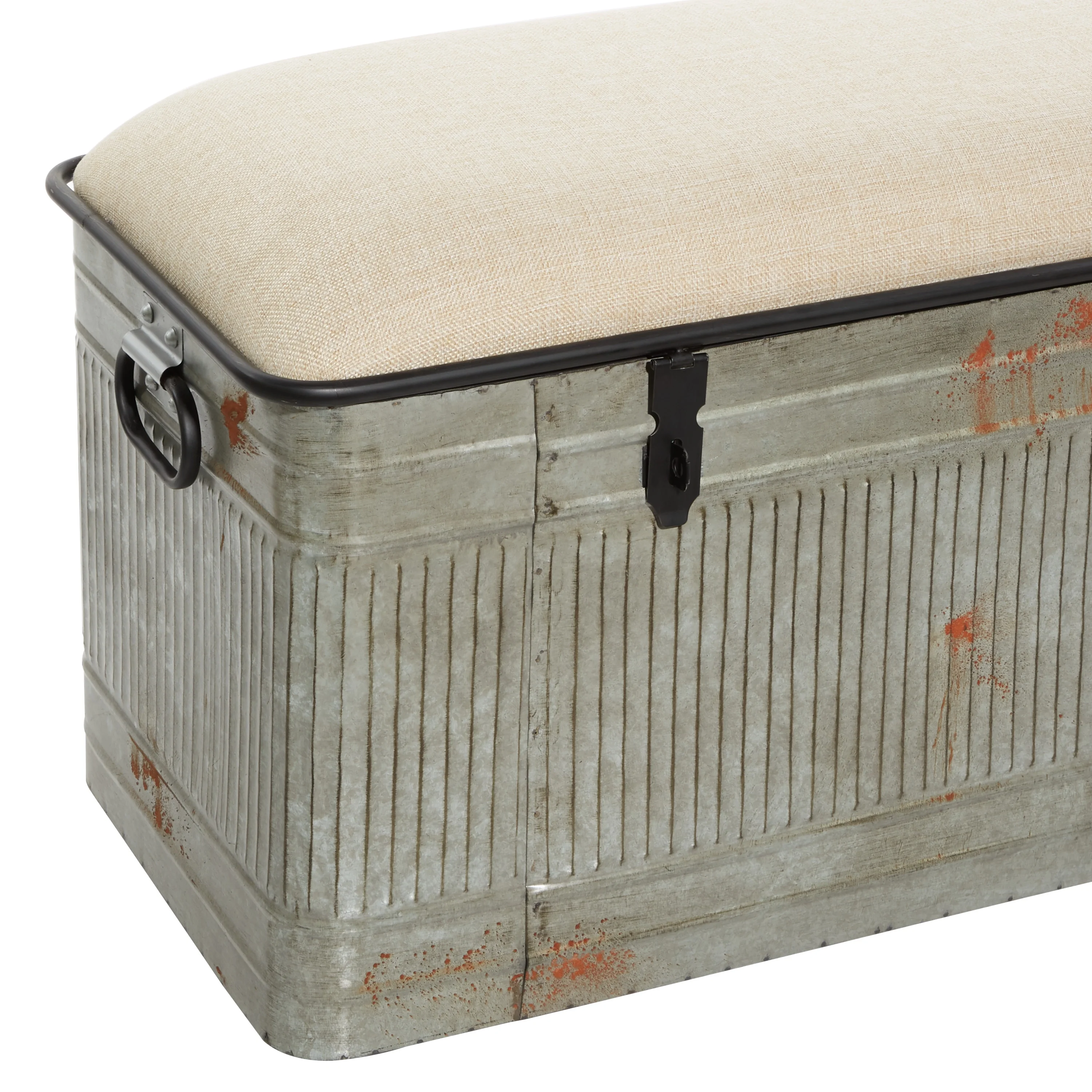 DecMode Metal Galvanized Storage Bench with Cream Burlap Top, Gray