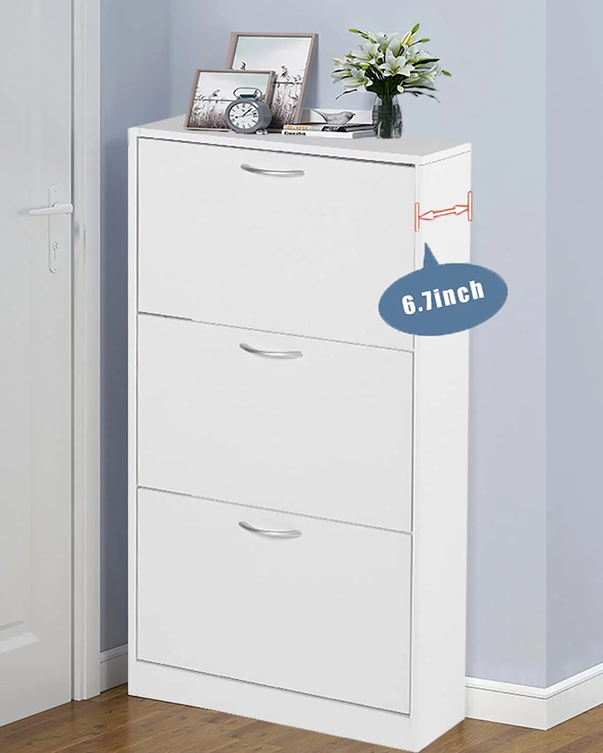 LAZZO Shoe Cabinet for Entryway, White Narrow Shoe Storage Cabinet Flip Down Shoe Rack Wood 3 Tier Shoe Organizer for Home and Apartment