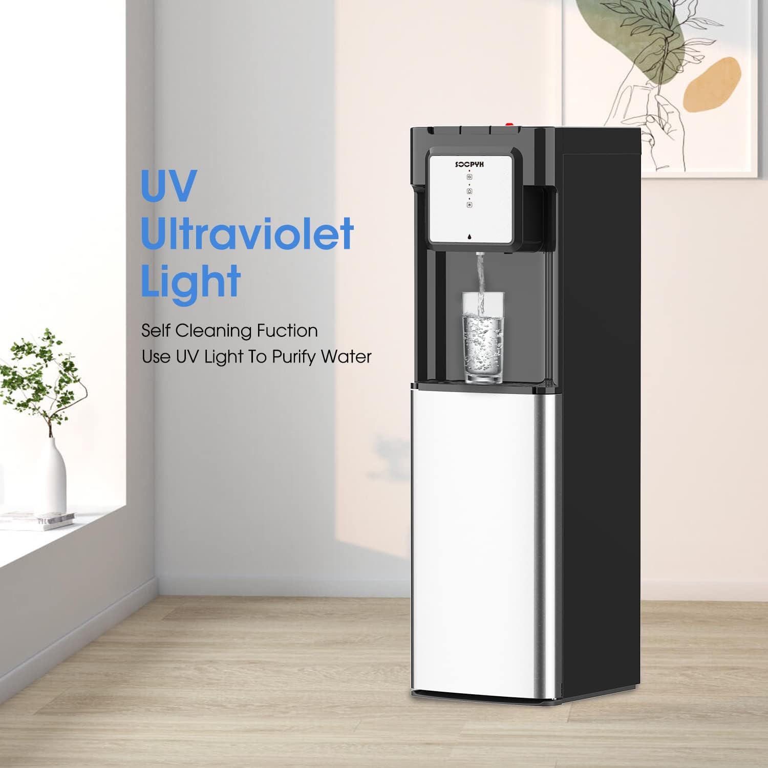 Stainless Steel UV Self-Cleaning Water Dispenser Cooler Bottom Load 5 Gallon with 3 Temperatures Child Safety Lock