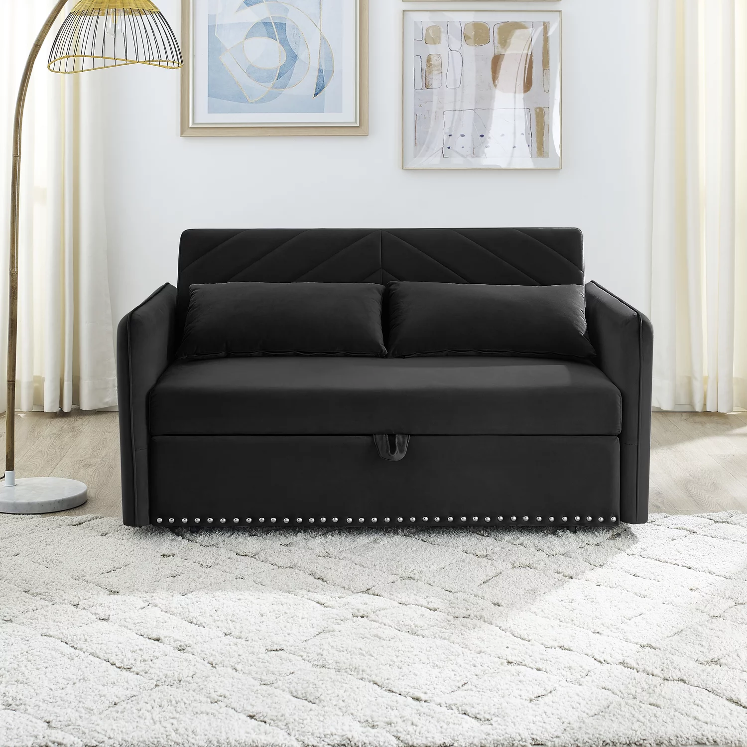 Holaki Pull-out Sofa Sleeper, 3-in-1 Adjustable Sleeper with Pull-out Bed, 2 Lumbar Pillows and Side Pocket, Soft Velvet Convertible Sleeper Sofa Bed, Black