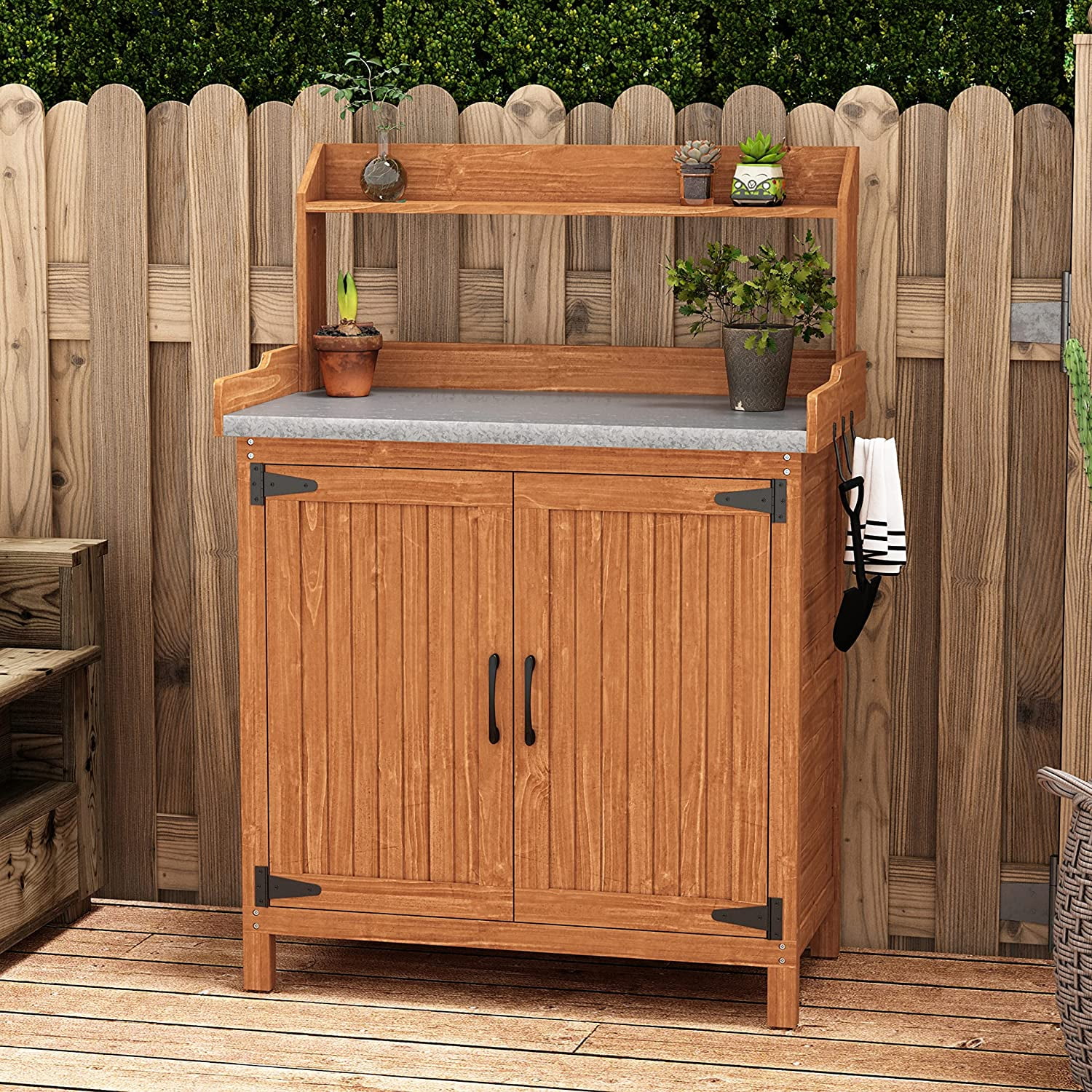 HLR Potting Bench with Storage, Galvanized Steel Tabletop Ourdoor Potting Bench with Storage for Garden Patio, Original Wood