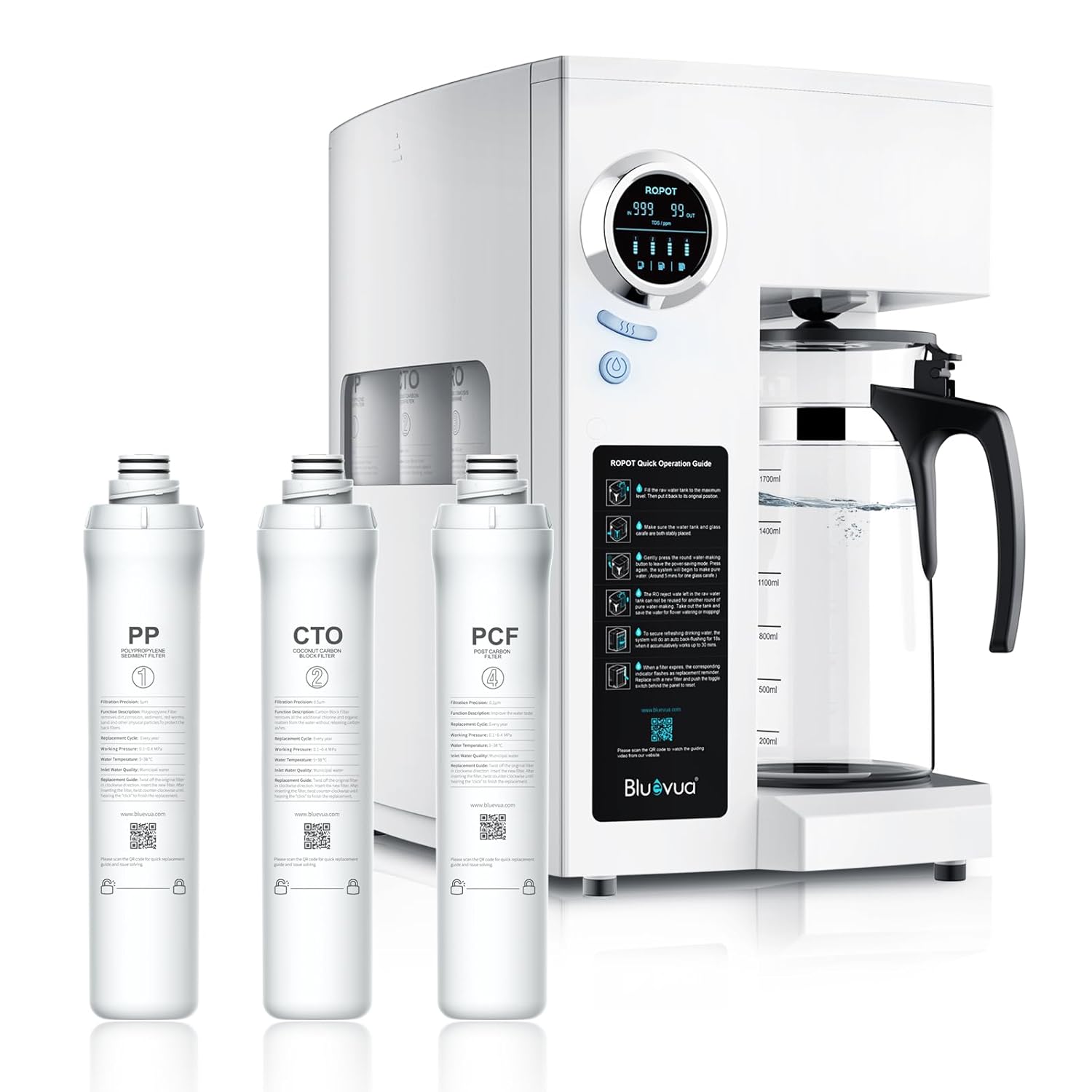 Bluevua RO100ROPOT Reverse Osmosis System Countertop Water Filter, with ROPOT 1-Year Replacement Filter Set, Bundle