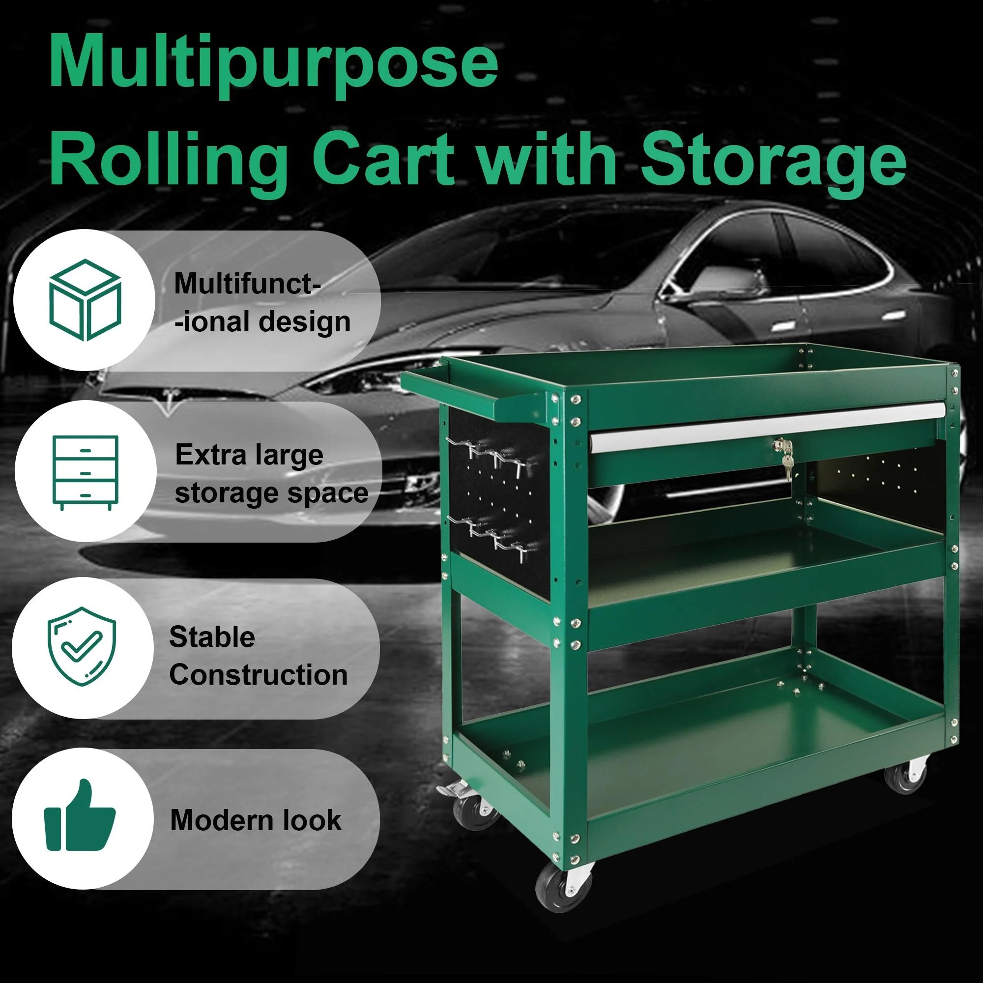 Rolling Tool Cart with Drawer, Seizeen Heavy Duty Utility Cart on Wheels, Garage Workshop Tool Organizer, 3 Tray, 1 Lockable Drawer, 6 Side Hooks