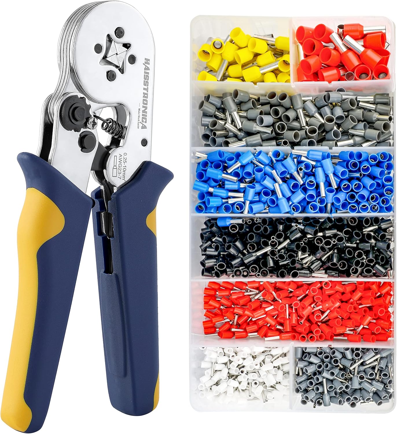 Ferrule Crimping Tool Kit,Haisstronica Self-Adjusting Hexagonal Wire Crimper Plier for AWG 23-10 with 1200PCS Red Copper Wire End Terminals,Ratchet Wire Crimping Tool-Wire End Ferrules