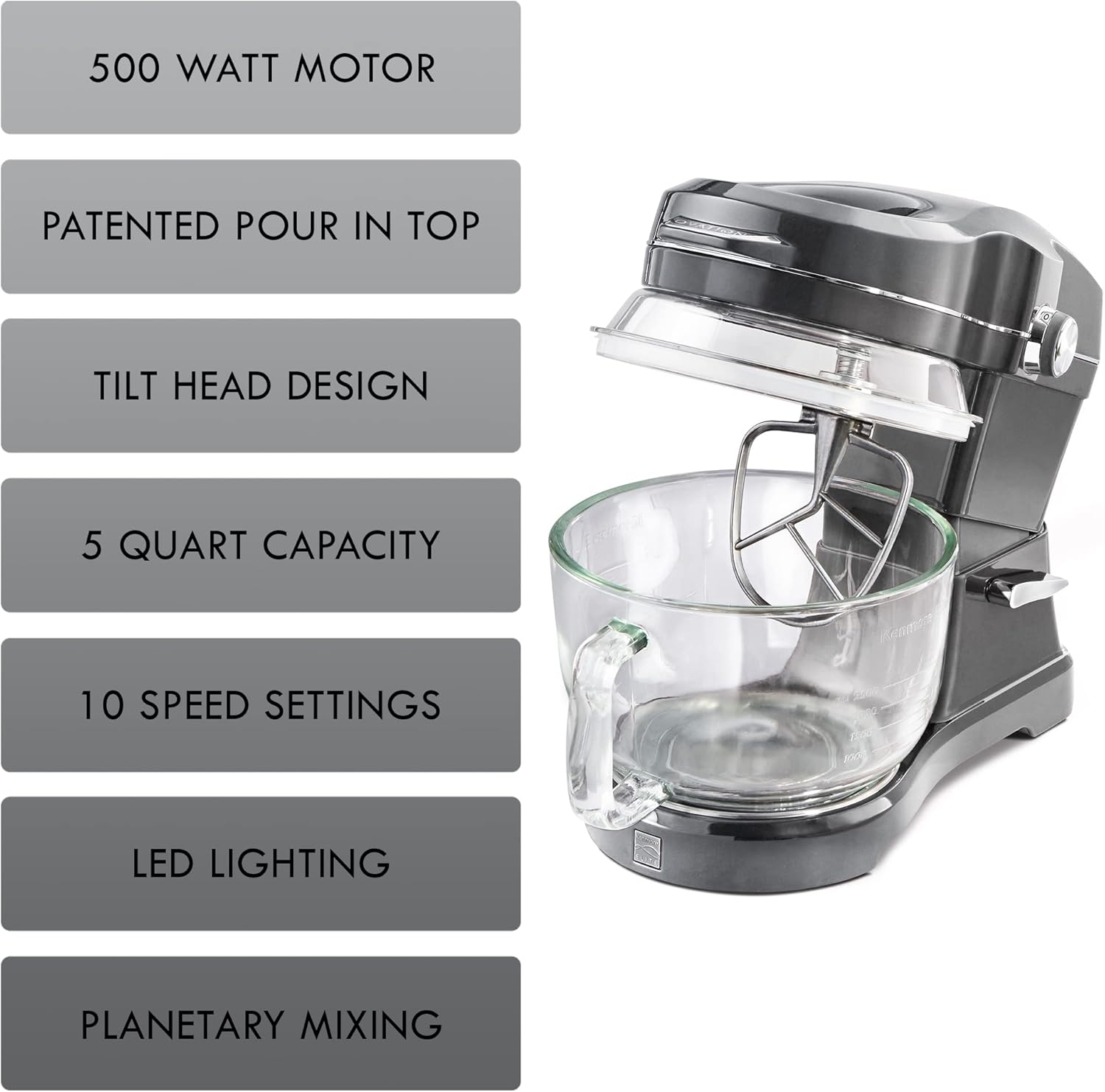 Kenmore Elite Ovation 49090 Exclusive Pour-In Top, 5-Qt. Tilt-Head Kitchen Stand Mixer, Metallic Silver