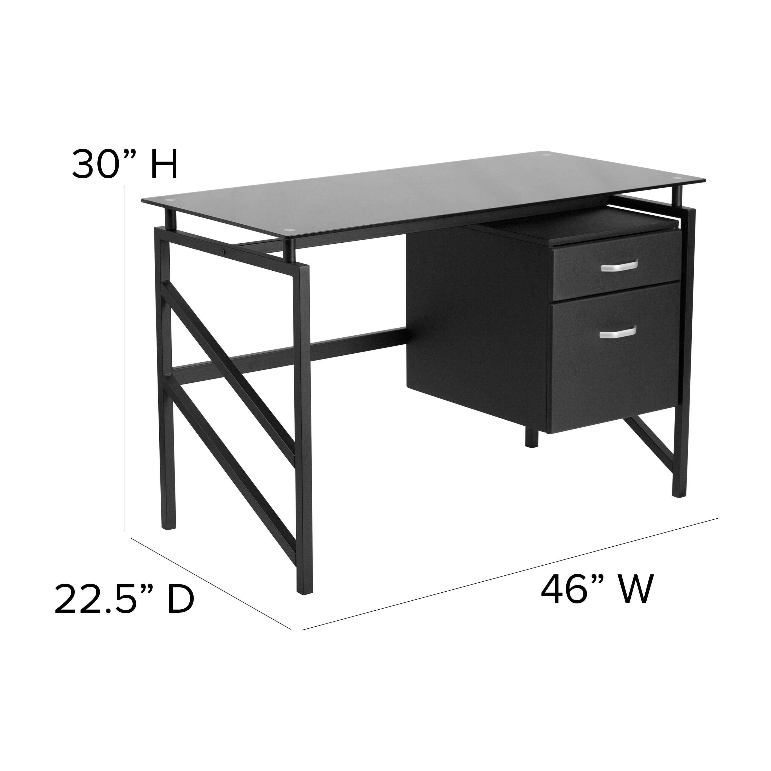 Lancaster Home Two Drawer Pedestal Desk with Tempered Glass Top and Metal Frame, Size: Medium, Black