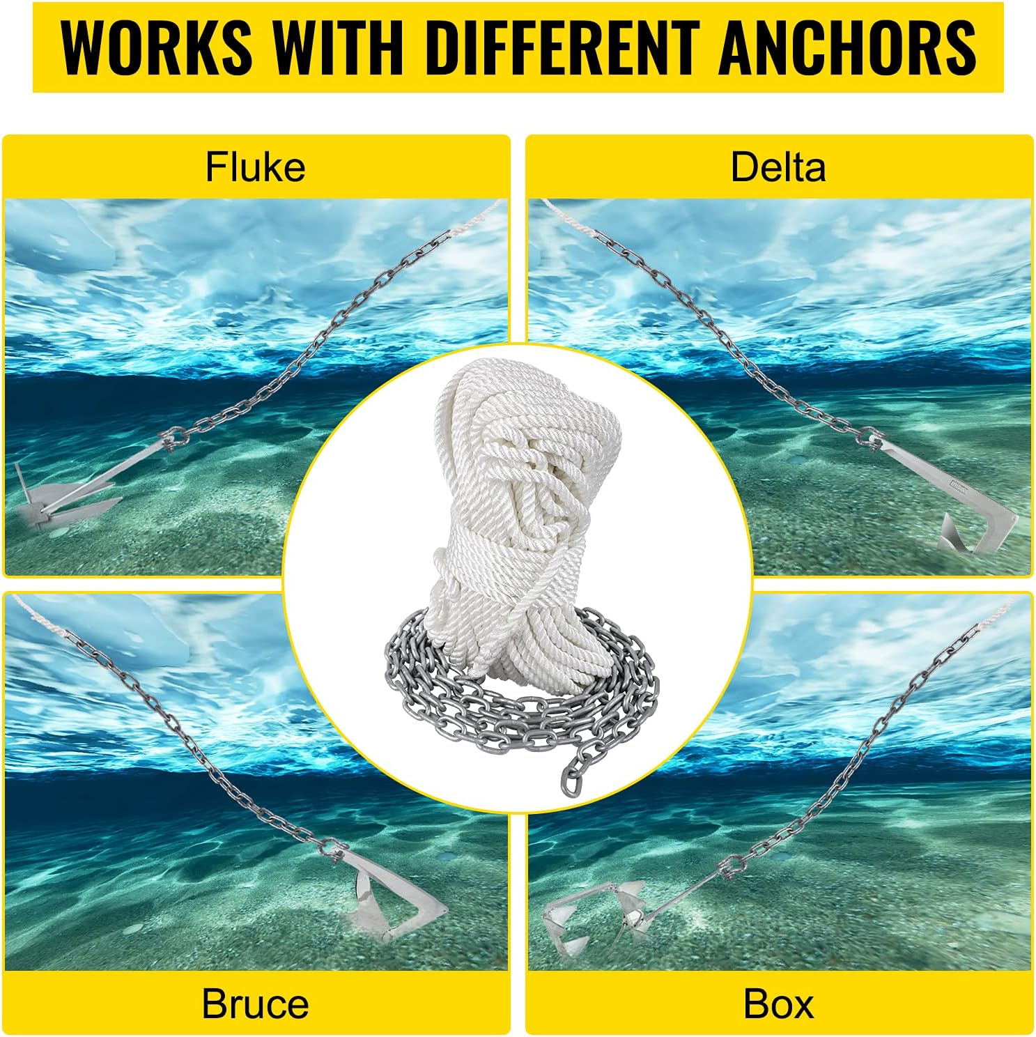 VEVOR Anchor Rode and Chain, 15' x 5/16" Boat Anchor Chain, 1/2" x 200' Nylon Rope, 2.2T Chain Tension Galvanized Steel Chain, Windlass-Grade Three Strand Twist Nylon, Anchor Chain for Boats, Ships
