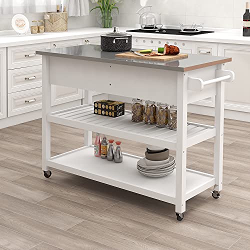 RASOO Kitchen Island Cart on Wheels Trolley White Stainless Steel Top Rolling Kitchen Island Cart with Open Shelves and One Big Drawer Towel Rack Kitchen Island Cabinet with Lockable wheels, 39.37"x18.5"x35.83"(LxWxH）
