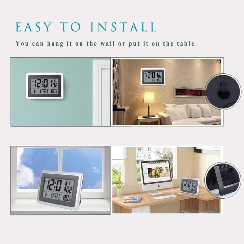 Atomic Wall Desk Clock Large Display with Indoor Outdoor Temperature Date Calendar, Digital Alarm Clock Battery Operated Without Backlight for Kitchen Bedroom