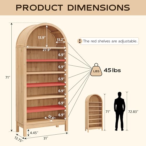 71" Tall Arched Bookshelf, 7 Tiers Arch Bookcase with Storage, Modern Farmhouse Book Shelf with Adjustable Shelves, Wood Bookshelf w/Open Display Shelves for Living Room, Office (Natural)