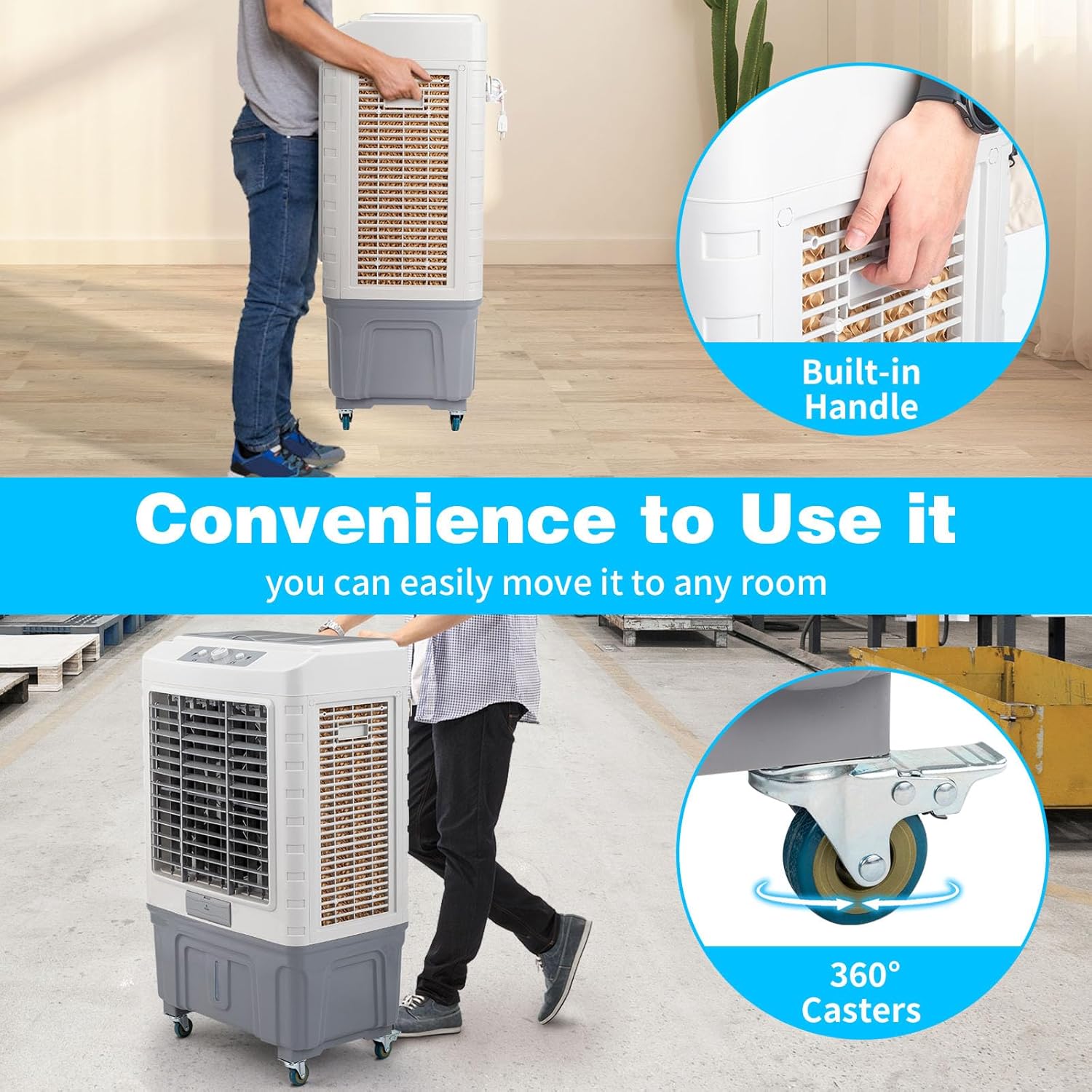 3 in 1 Portable Evaporative Cooler,Indoor,Outdoor,4118CFM Personal Air Cooler,Mechanical control,13.2 Gal Large Water Tank & Scroll Casters, 4 Ice Packs,White and gay