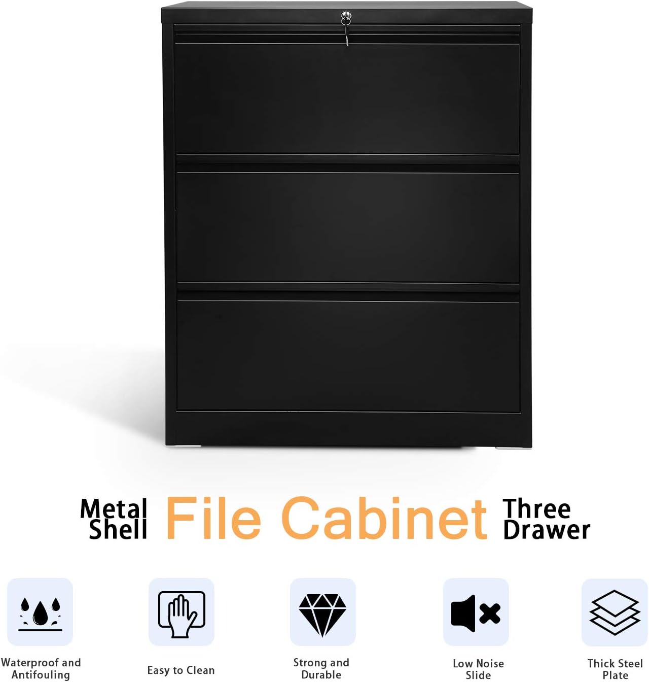 AOBABO 3 Drawer Lateral File Cabinet,Metal Filing Storage Cabinet with Lock,Steel File Cabinets for Office and Home,Black,Assembly Required