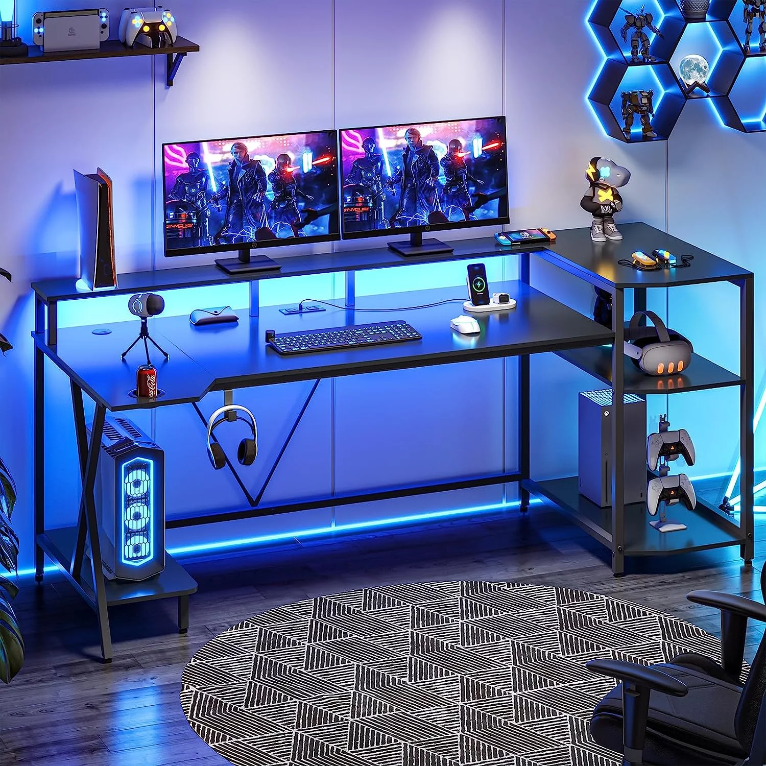 70.8'' Computer Desk with LED Lights and Storage Shelves, Gaming Desk with Monitor Stand, Power Outlets and Cup Holder, Large PC Gamer Desk Gaming Table for Bedroom, Living Room, Black