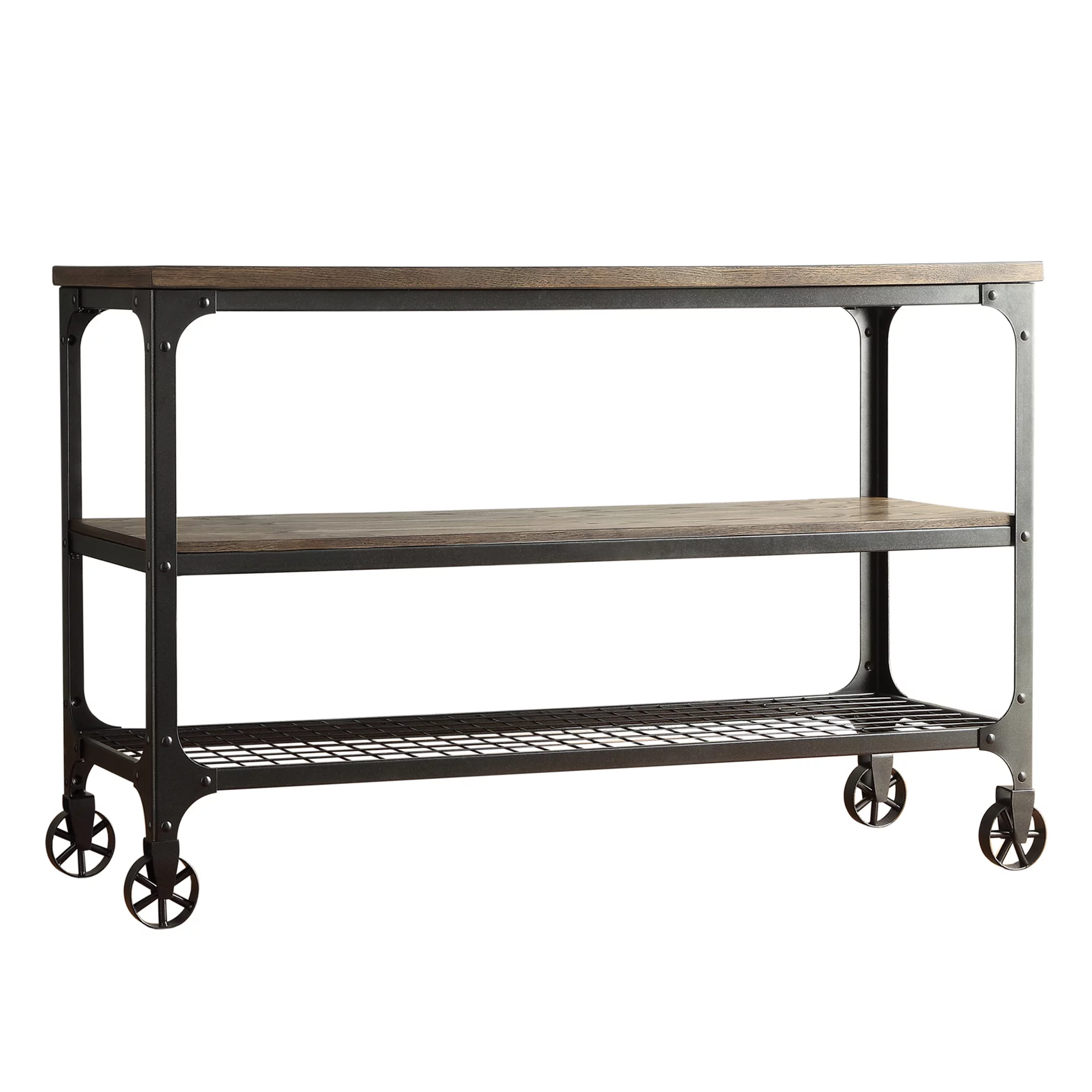 Weston Home Avery Industrial Wood and Metal Console Table with Wheels, Black/Brown Finish