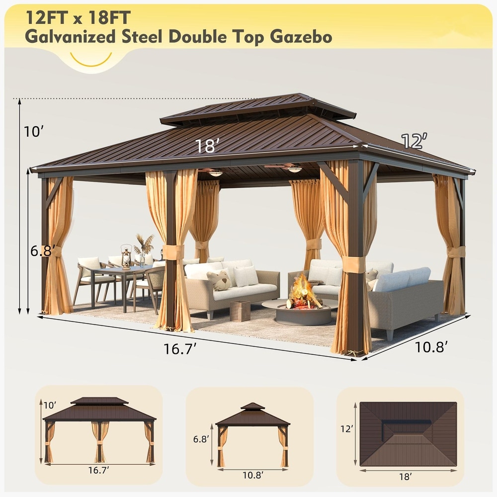 Richryce 12'x18' Hardtop Gazebo with Galvanized Steel Double Roof & Aluminum Frame, Outdoor Gazebo with Premium Curtains and Nettings