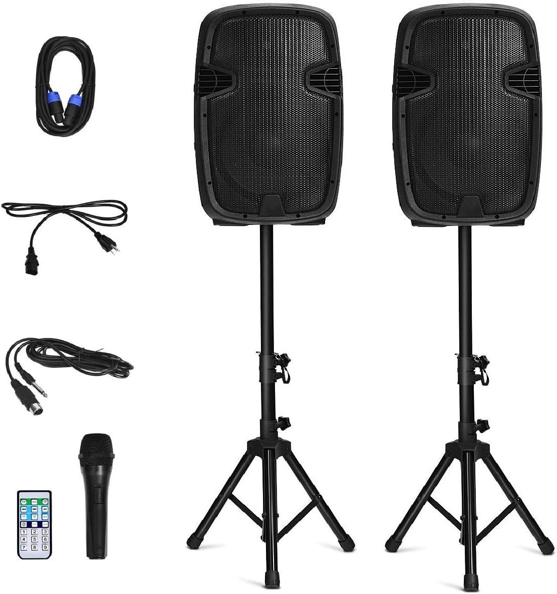 Costzon 2-Way Powered PA Speakers System Combo Set, 12 1600W Portable Dual Passive Active Speaker with 2 Speaker Stands, Bluetooth, USB/SD Card, AUX MP3 FM Radio, Microphone, Remote Control (12)