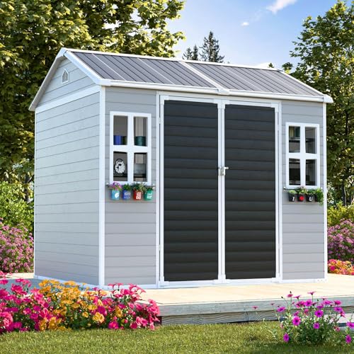 8x6x7 FT Resin Storage Shed, Waterproof Outdoor Storage Shed w/Floor, 2 Windows, Double Lockable Doors & Vents, Tool Shed for Patio Garden, Lawn, Backyard, Dove Grey