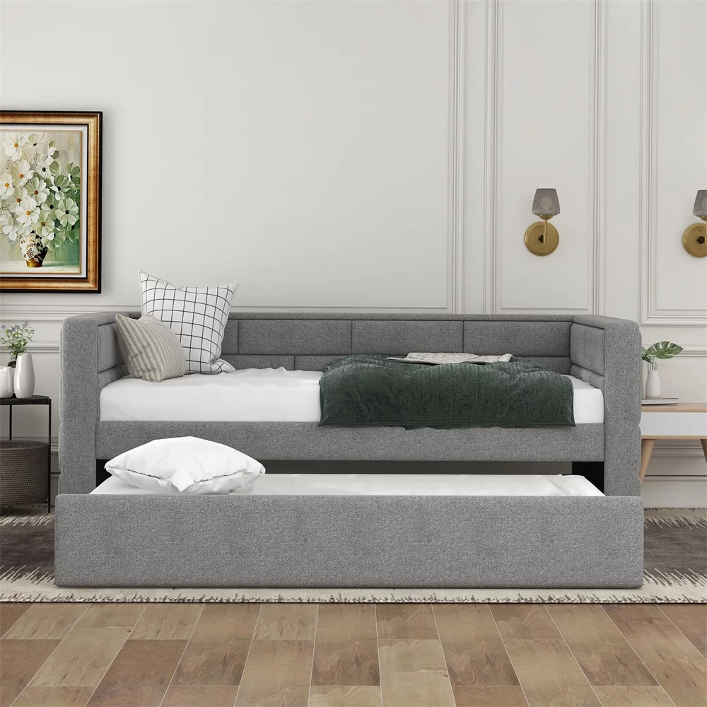 Twin Daybed with Trundle, Upholstered with Storage Drawers, Wood, No Box Spring Needed, Gray