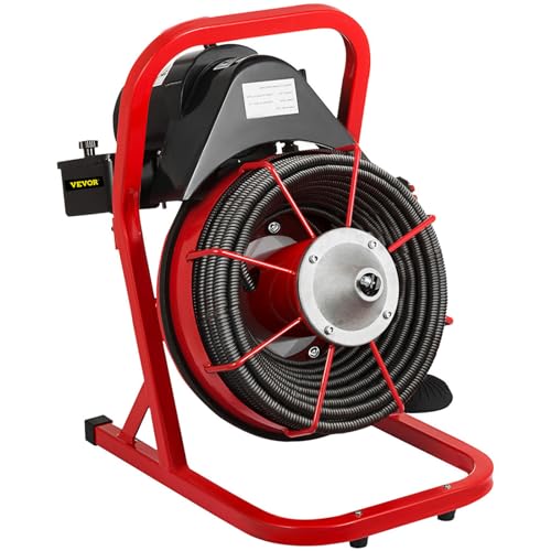 VEVOR Portable Sewer Snake Auger Cleaner with Cutters & Air-Activated Foot Switch for 1" to 4" Pipes, Black, Red