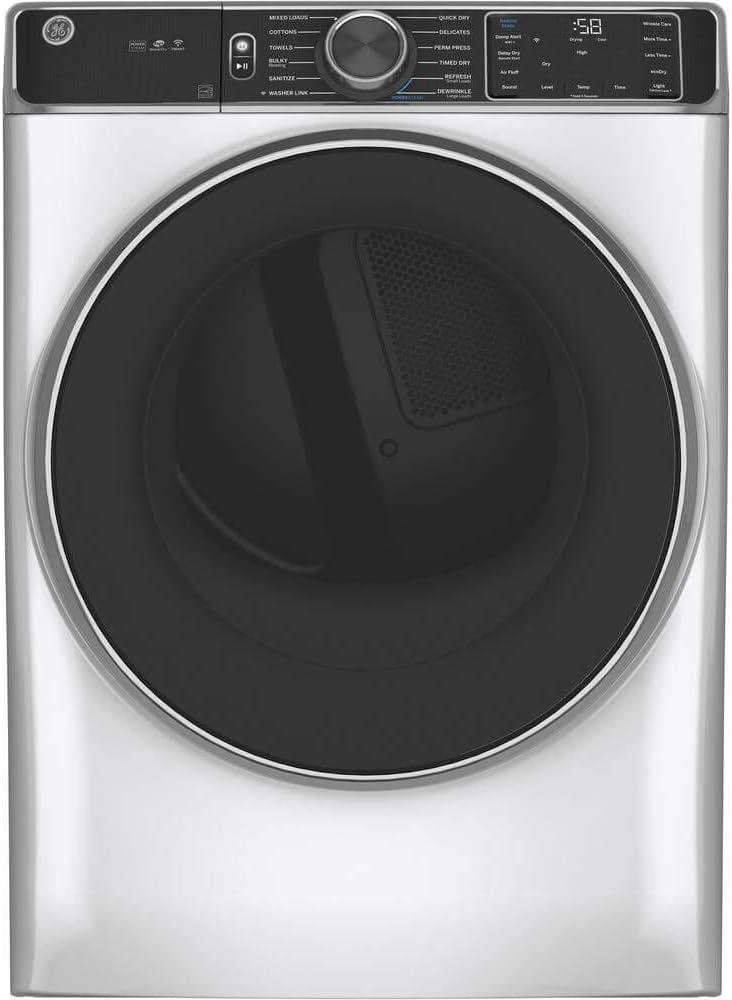 GE GFD85ESSNWW 28" Front Load Electric Dryer with 7.8 cu. ft. Capacity Stainless Steel Drum Built-in WiFi Sanitize Cycle and Damp Alert in White