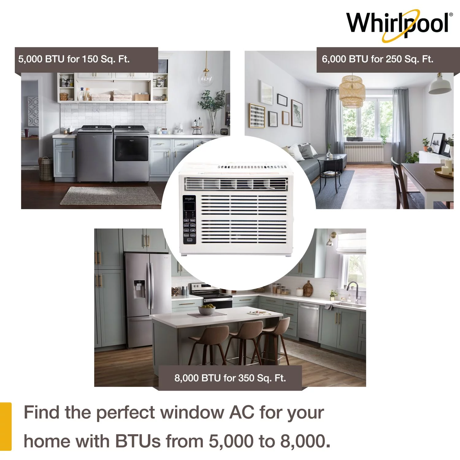 Whirlpool Energy Star 6,000 BTU 115V Window-Mounted Air Conditioner with Remote Control | Digital Display | Dehumidifier | 24H-Timer | Cooling for Living Room, Bedroom, Areas up to 250 Sq.Ft