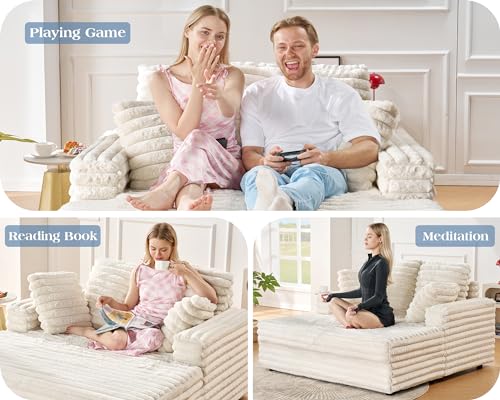 VanAcc 53 Inch Chaise Lounge Indoor, Upholstered Sofa Bed with Throw Pillows and Armrests, Sleeper Chair- Plush Chair Bed for Living Room, Off-White