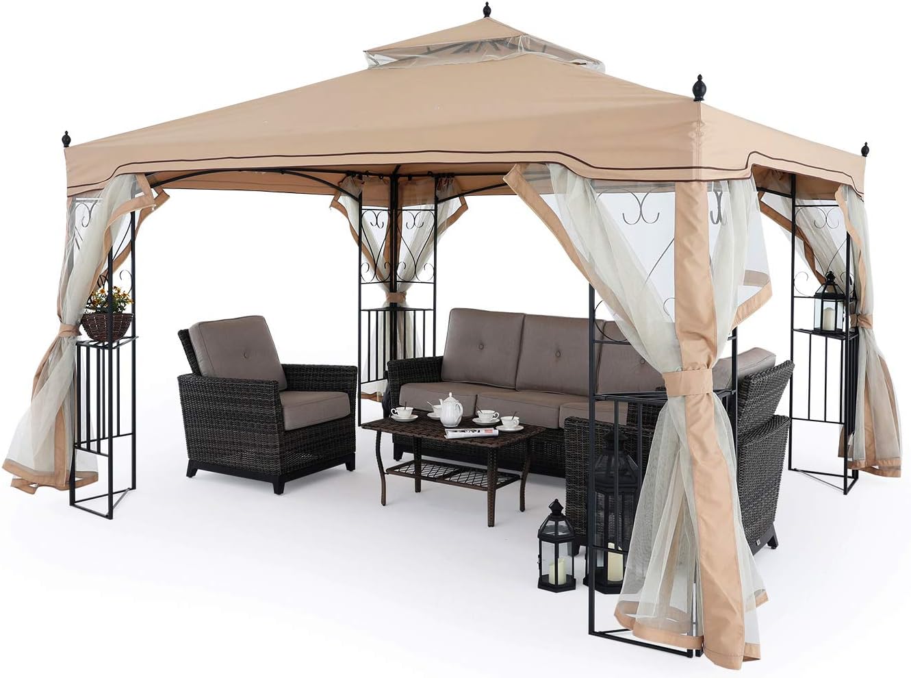 MASTERCANOPY 10x12 Patio Gazebo with Netting Screen Walls for Lawn, Garden, Backyard and Deck Beige