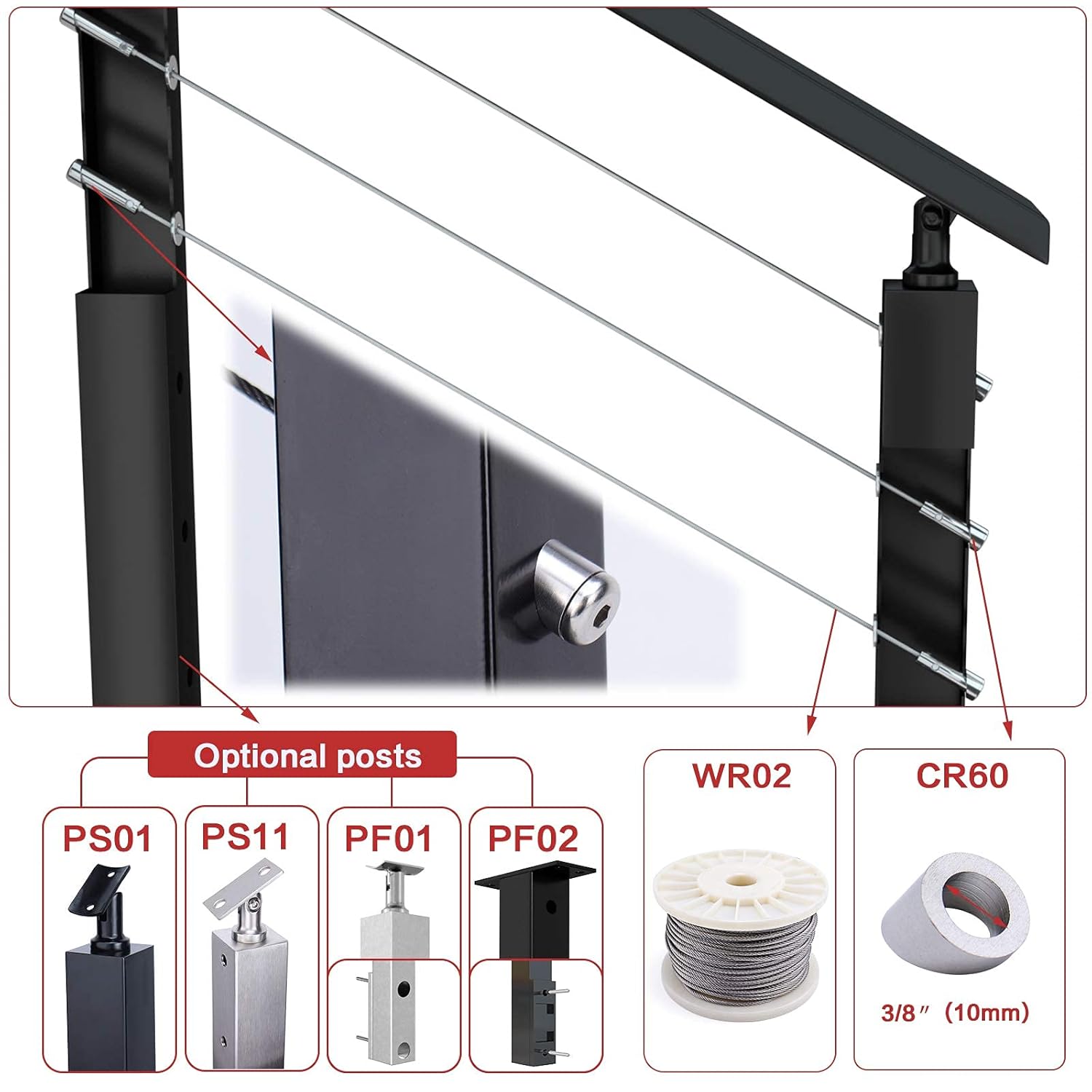 Muzata 40Set Cable Railing kit Invisible Swageless 1/8 Turnbuckle Tensioner Terminal Hidden Round Head for 2x2 Metal Post Deck Stairs SpaceSaver System CB07,CL1 CV1 CV2