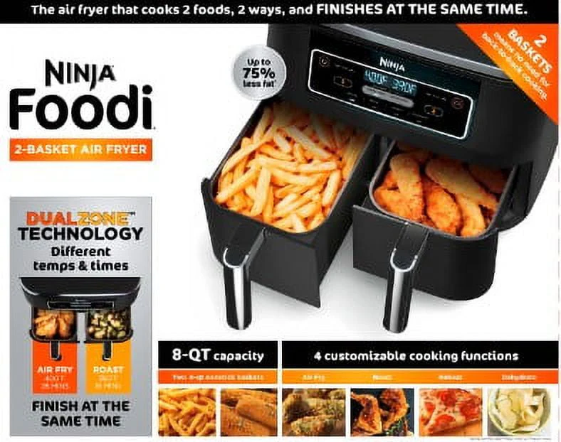 Ninja庐 Foodi庐 4-in-1 8-Quart. 2-Basket Air Fryer with DualZone Technology- Air Fry, Roast, & More DZ100