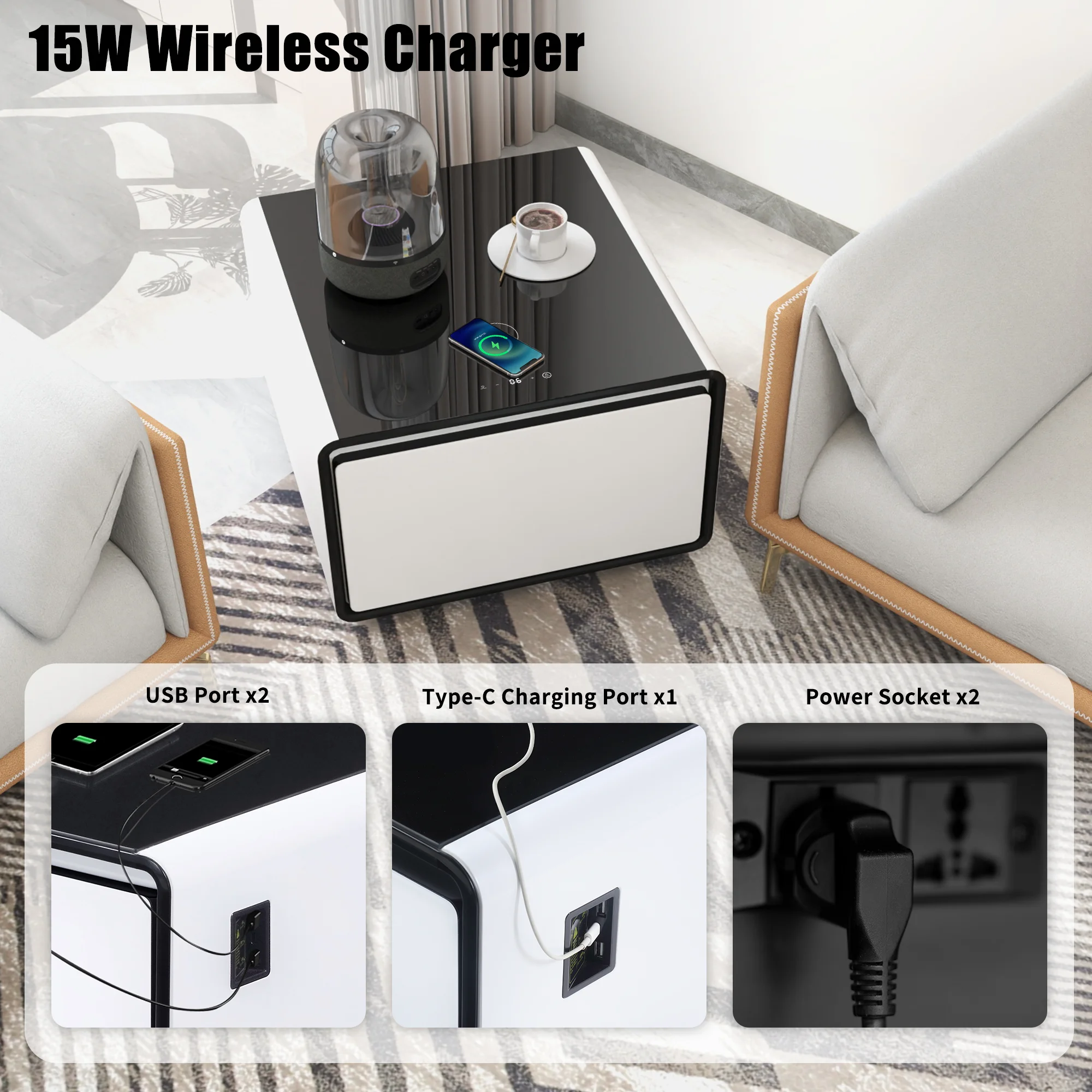 Livtab Smart Side Table with Built in Fridge, Charging Station, End Table with Storage Drawer, Control Panel for Living Room, White