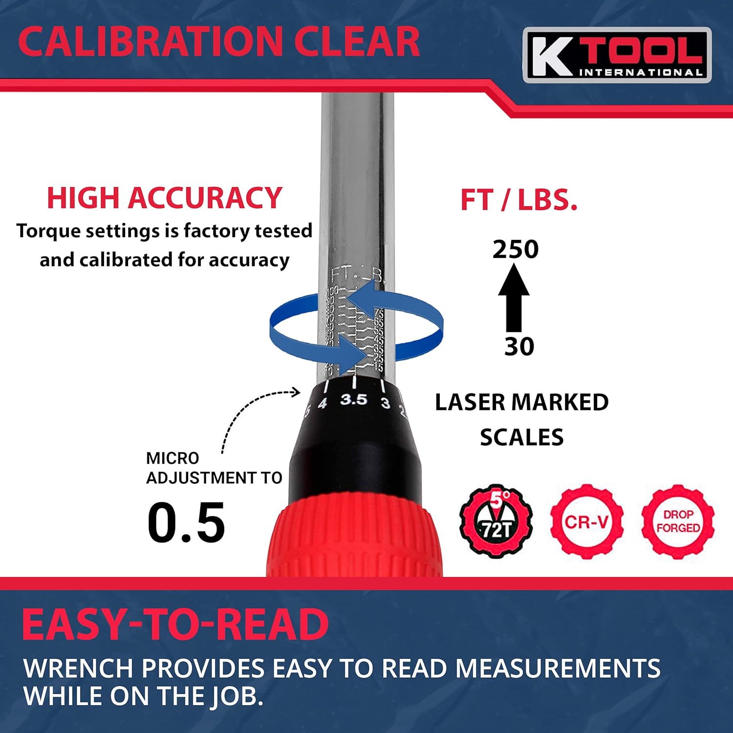K Tool International - 3/8" Drive Click Style Long Torque Wrench, 10-100 feet/lbs. Capacity, 16-1/4" Long, Durable Strength, Easy to Read Measurements; KTI72143 Pack of 2