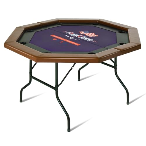 8 Players Poker Table Foldable,50inch Upgraded Folding Octagon Casion Table, Portable Texas Holedem Table w/Stainless Steel Cup Holders, Water-Resistant Cushioned Rail (Brown)