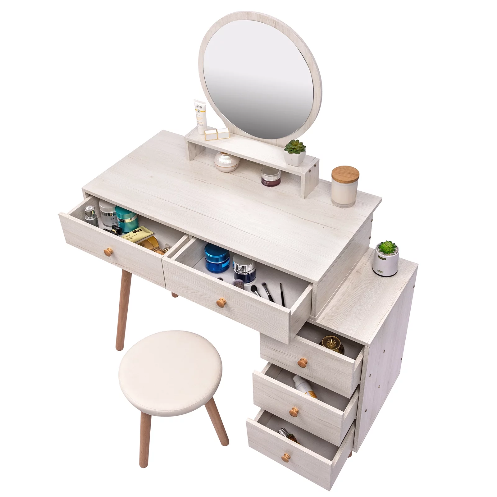 Ufurpie Makeup Vanity Table with Cushioned Stool,Large Capacity Storage Cabinet,5 Drawers,Large Round Mirror,Fasionable Makeup Furniture for Bedroom