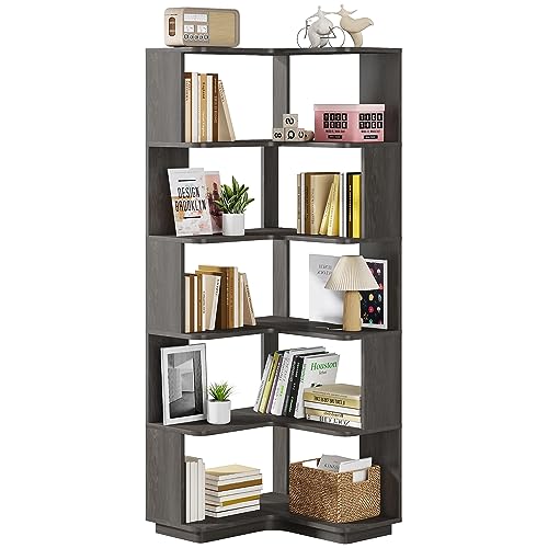 65-Inch Tall Corner Bookshelf, 6-Tier Industrial Corner Bookcase with Side Panels, Freestanding Wood Grain Corner Shelf Display Rack for Home Office, Living Room