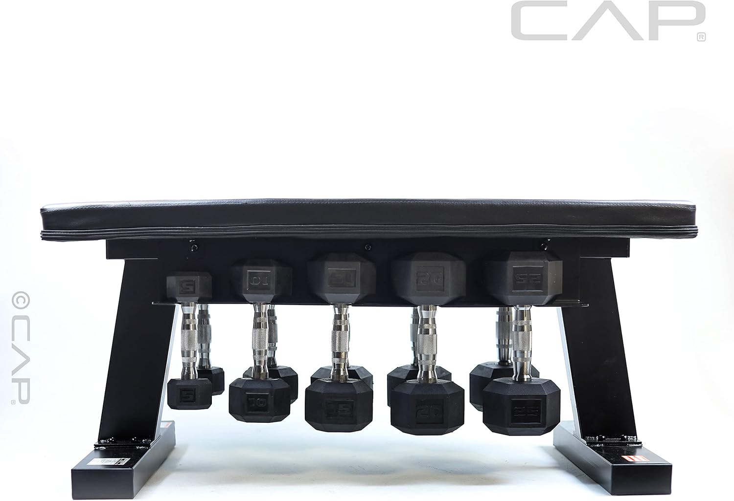 CAP Barbell Flat Bench with Dumbbell Storage and 150 lb Hex Coated Dumbbell Set