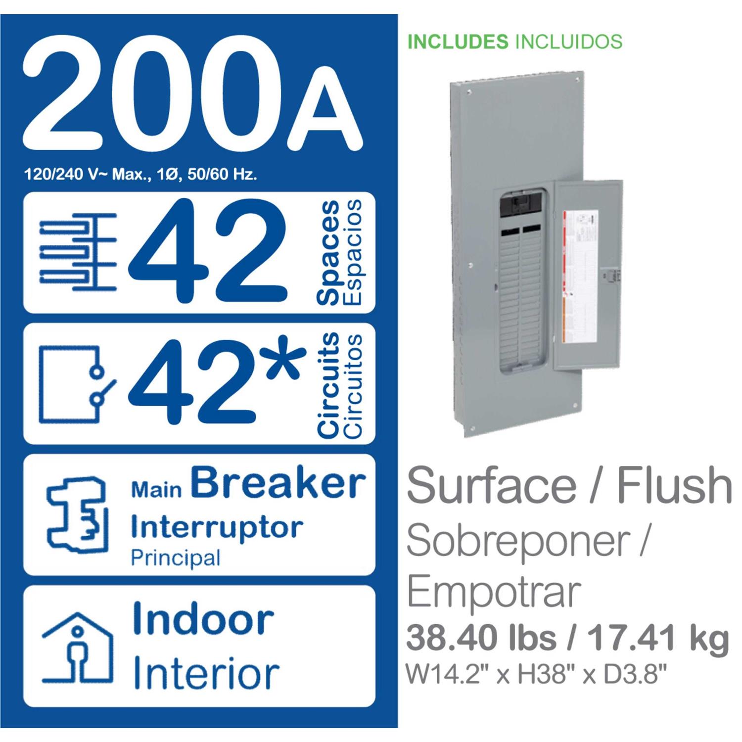 Square D QO 200 Amp 42-Space 42-Circuit Indoor Main Breaker Plug-On Neutral Load Center with Cover QO42M200PCVP